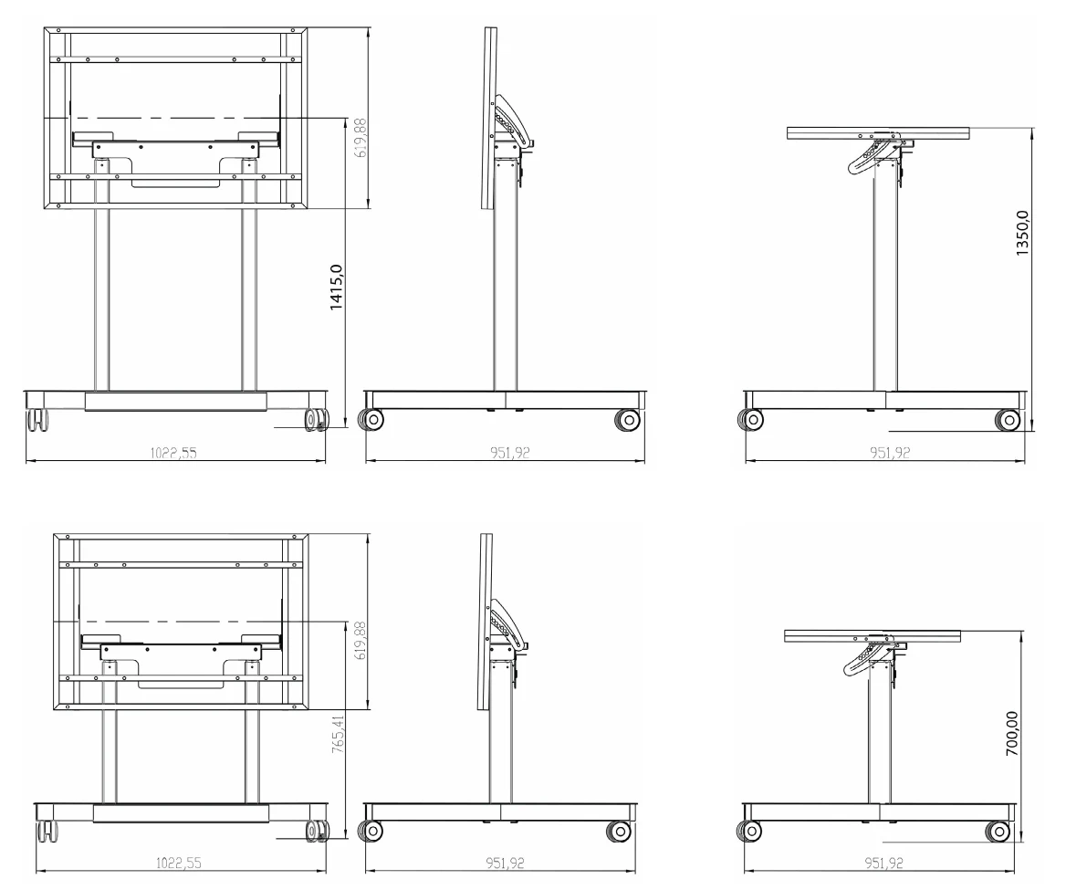 Dimensioned drawing of the motorised TABLE trolley HMIFMIMIMOT