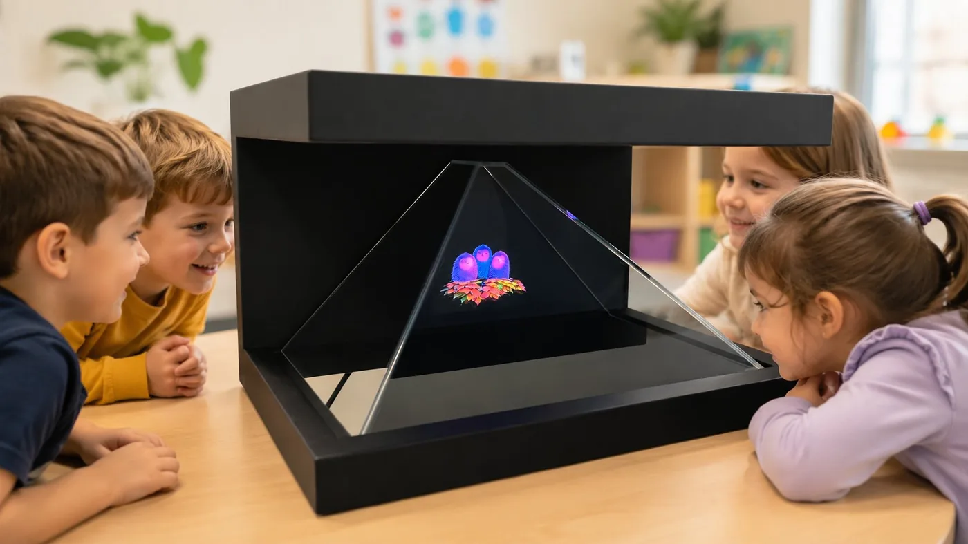 Children around the Holo Tales holographic pyramid